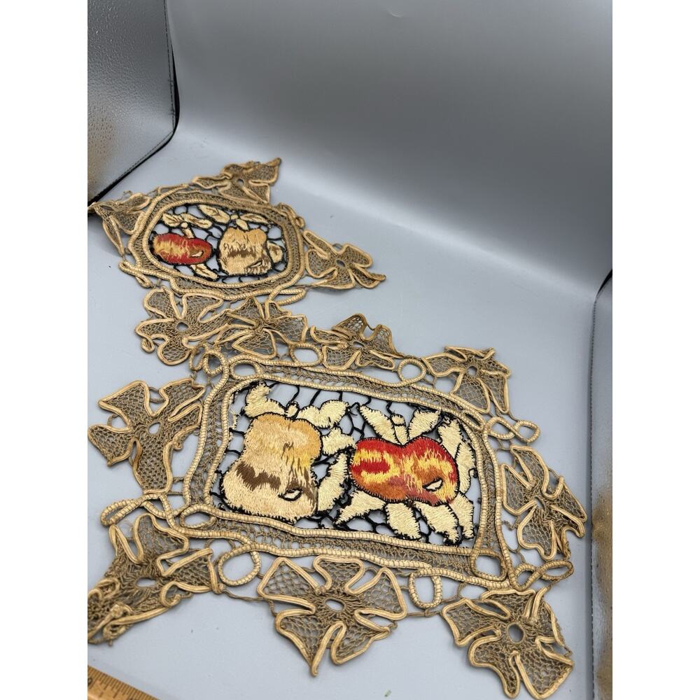 Pair Vintage Lace Apple Pear Doilies Embroidered Fruit Table Mats
